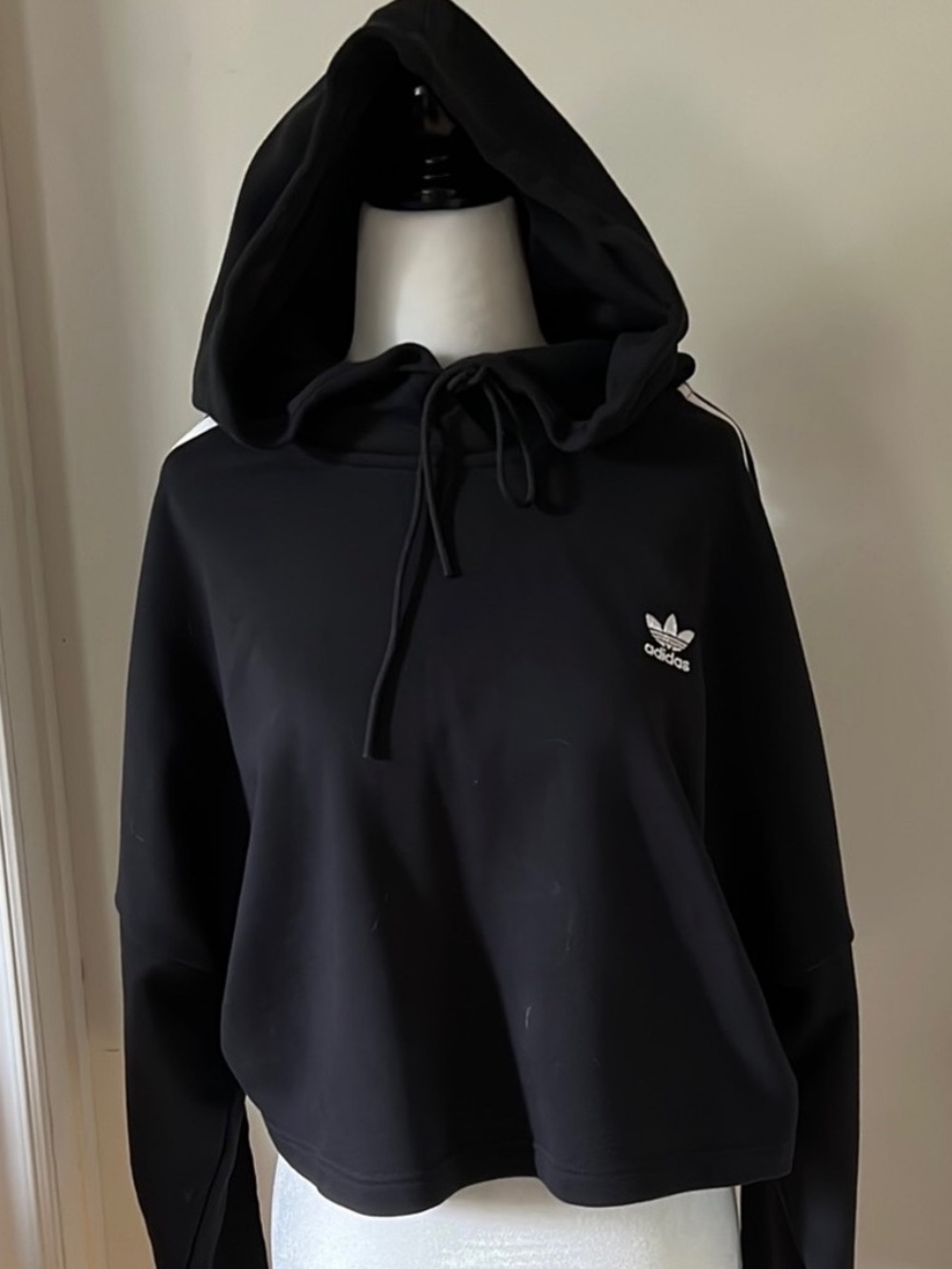 Adidas • Women’s Small • Black • Hoodie With White Stripes on Sleeves • Box Styl